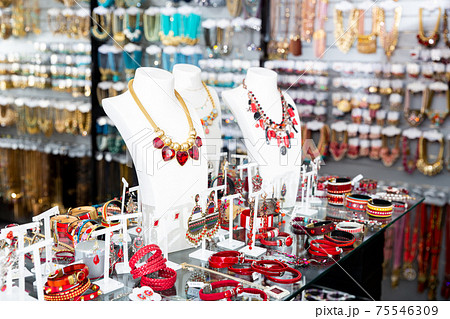 Interior of jewelry shop with assorted bijouterie Interior of jewelry shop with assorted bijouterie 75546309