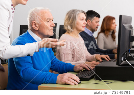 Focused senior man during computer classes Focused senior man during computer classes 75549791