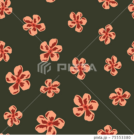 Random seamless pattern with pink daisy flower ornament. Dark green pale background. Botanic artwork. 75553380