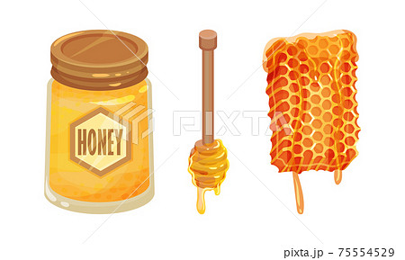 Glass Jar with Sugary Honey Fluid and Honeycomb Vector Set 75554529