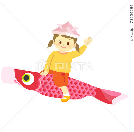 イラスト素材 こどもの日に兜を頭に被り鯉のぼりの背に乗る女児の姿 端午の節句のイラスト素材