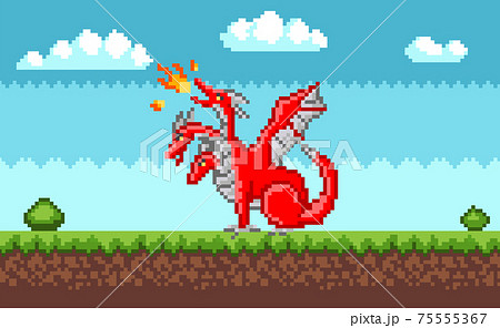 Pixel monster character red three-headed dragon. Pixelated dinosaur with wings breathes fire Pixel monster character red three-headed dragon. Pixelated dinosaur with wings breathes fire 75555367