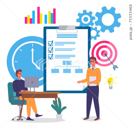 Implementing business solutions, clipboard with completed assignments, businessmen communicating 75555468
