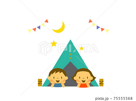 キャンプの夜テントでわくわく星空を見上げる子供たちのイラスト素材のイラスト素材