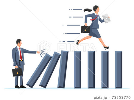 Business woman running away from falling domino. Business woman running away from falling domino. 75555770
