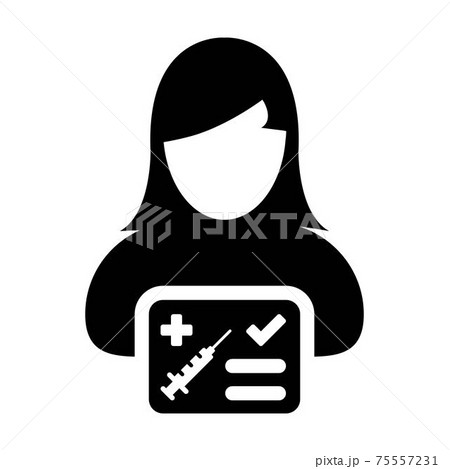 Vaccination card icon vector with female user person profile avatar symbol for medical and healthcare certificate in a glyph pictogram illustration 75557231