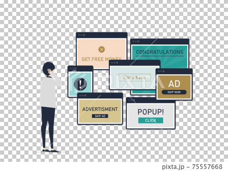 Illustration material of a man who has trouble with pop-ups, internet advertisements, and troubles Illustration material of a man who has trouble with pop-ups, internet advertisements, and troubles 75557668