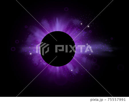 Purple burst with sparkle rays and lens flare effect. Glowing stars. Purple glitter bokeh lights and burst of magical dust particles. Vector illustration. 75557991