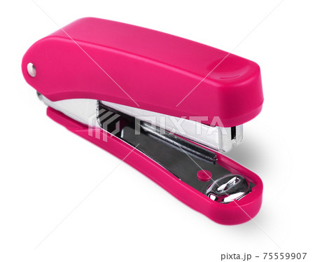 Red stapler isolated on white background. Selective focus Red stapler isolated on white background. Selective focus 75559907