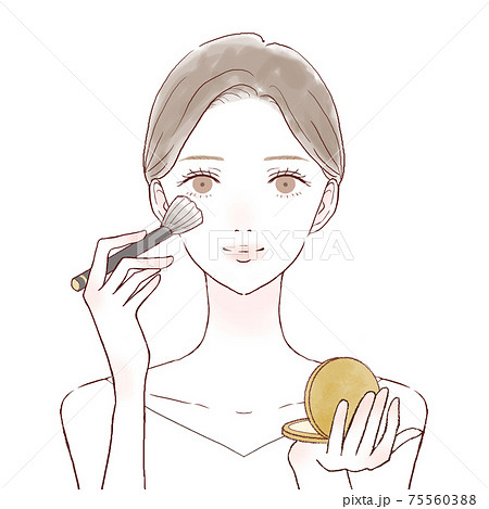 パウダリーファンデーションをメイクブラシで顔に塗る女性のイラスト素材