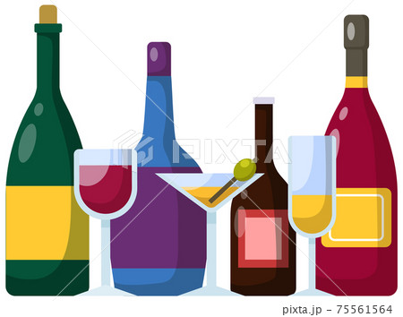 Alcohol decorated to be served to guest at bar. Alcoholic drinks and different cocktails in glasses 75561564