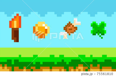 Signs and symbols of items collected during game against background of green grass and blue sky Signs and symbols of items collected during game against background of green grass and blue sky 75561810