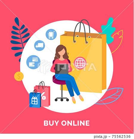 Store for online shopping layout. Girl with laptop orders cloth on the internet vector illustration Store for online shopping layout. Girl with laptop orders cloth on the internet vector illustration 75562536
