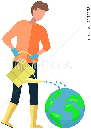 Man holds watering can and pours water on planet. Gardener near globe isolated on white background 75562584
