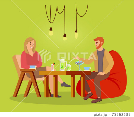 Tasty dinner in the cafe vector illustration. Couple eating desserts and drinking cocktails 75562585