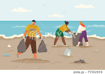 Characters Throwing Trash On Shore Polluted のイラスト素材