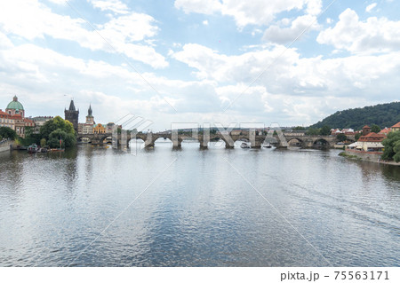 Panoramic view of the Charles Bridge, a medieval stone arch bridge that crosses the Vltava (Moldau) river in Prague, Czech Republic Panoramic view of the Charles Bridge, a medieval stone arch bridge that crosses the Vltava (Moldau) river in Prague, Czech Republic 75563171