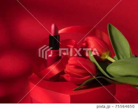 Gift box for women, mothers day, lipstick and red tulips 75564650