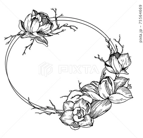 Frame with magnolia flowers, leaves and branches Frame with magnolia flowers, leaves and branches 75564669