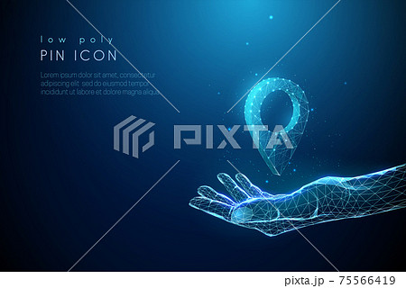 Abstract blue giving hand holds pin icon Abstract blue giving hand holds pin icon 75566419
