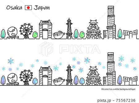 シンプル手書きの冬の大阪の街並み線画セットのイラスト素材