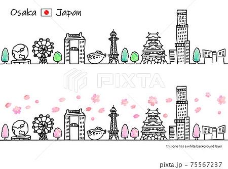 シンプル手書きの春の大阪の街並み線画セットのイラスト素材