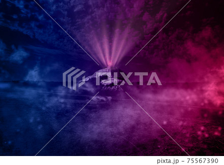 view of the valley with a high mountain at night, at the top of the mountain peak neon circle with pink glow and rays 75567390