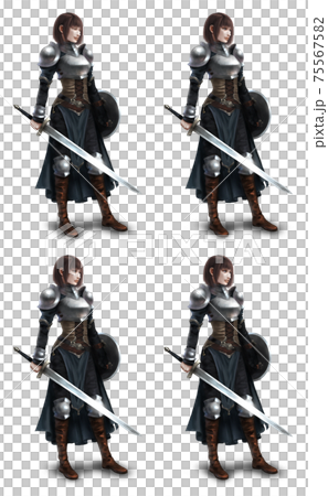 職業が剣士の女性 表情4種 笑顔 目を瞑る 怒っている 驚いている のイラスト素材