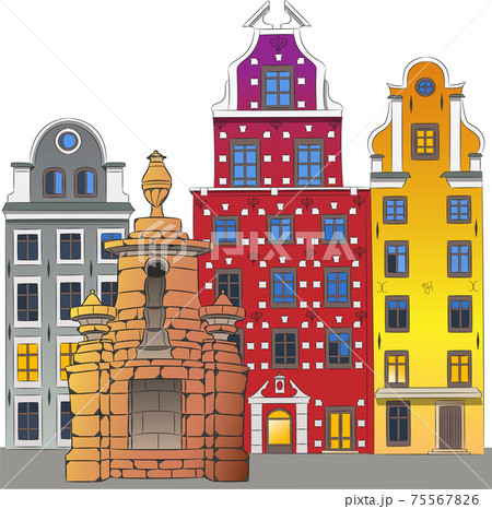 Stockholm. Ancient houses and a fountain at Stortorget square. 75567826