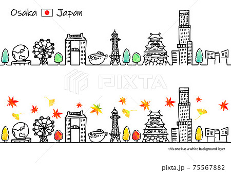 シンプル手書きの秋の大阪の街並み線画セットのイラスト素材