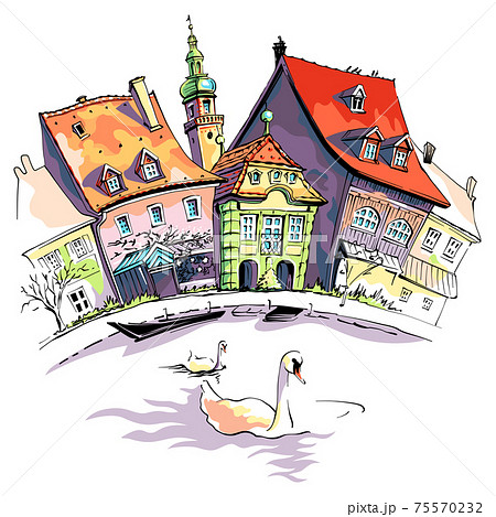 Vector Sketch Of Little Venice In Bambergのイラスト素材