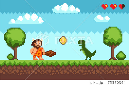 Pixel art background with primitive man and dinosaur. Pixelated scene with caveman, green dragon Pixel art background with primitive man and dinosaur. Pixelated scene with caveman, green dragon 75570344