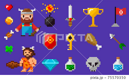 Signs and symbols of items collected during game, pixel-game characters against violet background Signs and symbols of items collected during game, pixel-game characters against violet background 75570350