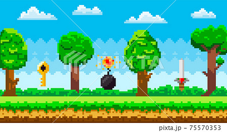 Pixel art game background with reward object in air. Pixel-game scene with grass, tall trees 75570353