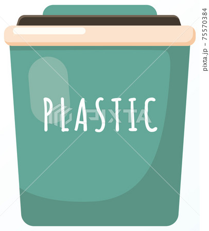 Green large trash can with inscription for collecting plastic garbage, zero waste concept Green large trash can with inscription for collecting plastic garbage, zero waste concept 75570384