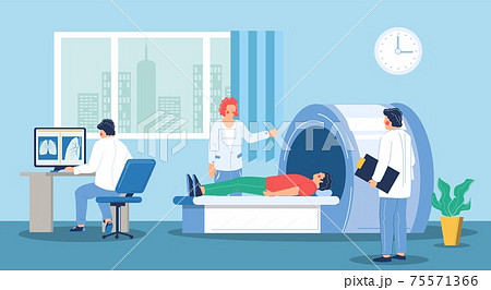 Computed tomography scan of the chest, flat vector illustration. CT lung screening procedure, lung checkup. 75571366