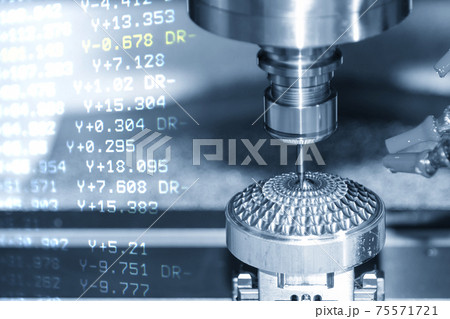 Abstract scene of CNC milling machine and G-code data background. The hi-technology mold and die manufacturing concept by machining center. 75571721