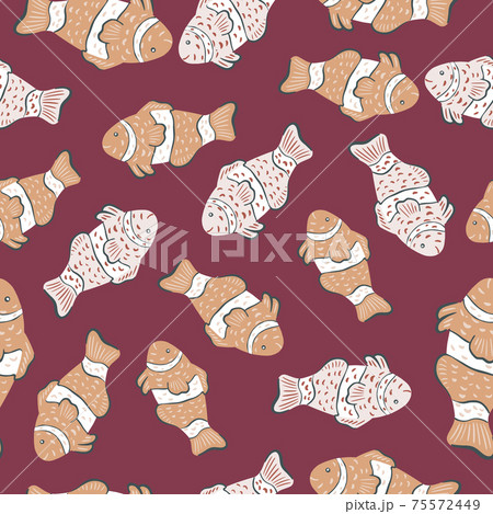 Marine seamless fauna aqua pattern with random clown fish silhouettes print. Maroon background. 75572449