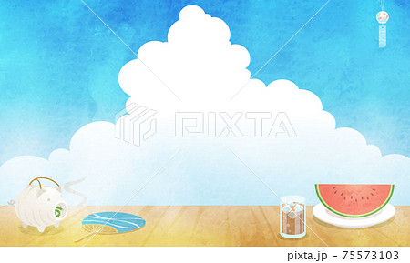 夏の縁側から見た青空と入道雲の水彩風風景ベクターイラスト(背景) 75573103