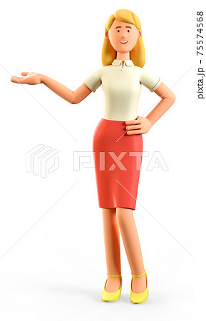 3D illustration of standing beautiful blonde woman pointing hand at direction. 75574568