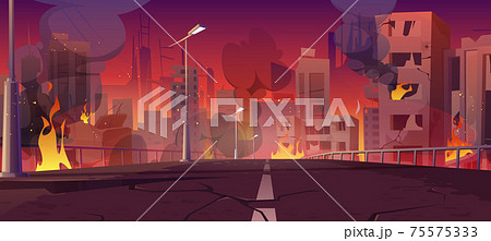 City In Fire War Destroy Burning Buildings Bridgeのイラスト素材