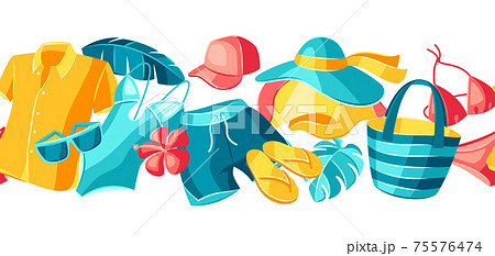 Seamless pattern with beachwear and swimwear. Summer clothes and accessories. Seamless pattern with beachwear and swimwear. Summer clothes and accessories. 75576474