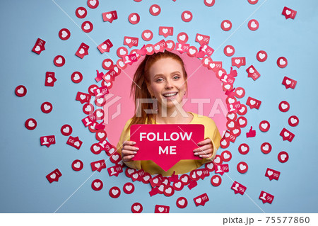 adorable caucasian female with red hair ask to follow blog in Internet 75577860