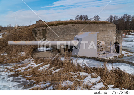 Russia. March 14, 2021. Kane cannon on the Demidov battery in the Patriot Park of the city of Kronstadt-the museum of the history of the development of Russian weapons. Russia. March 14, 2021. Kane cannon on the Demidov battery in the Patriot Park of the city of Kronstadt-the museum of the history of the development of Russian weapons. 75578605