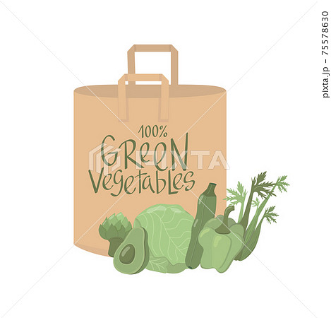 Green vegetables sign on eco shopping paper bag with vegetables flat illustration. Zero waste, plastic free, recycle concept. Vector stock illustration isolated on white background Green vegetables sign on eco shopping paper bag with vegetables flat illustration. Zero waste, plastic free, recycle concept. Vector stock illustration isolated on white background 75578630