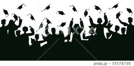 Graduates crowd silhouette. College graduates throwing traditional caps, dancing and jumping vector illustration. Celebrating graduates silhouette. 75578730