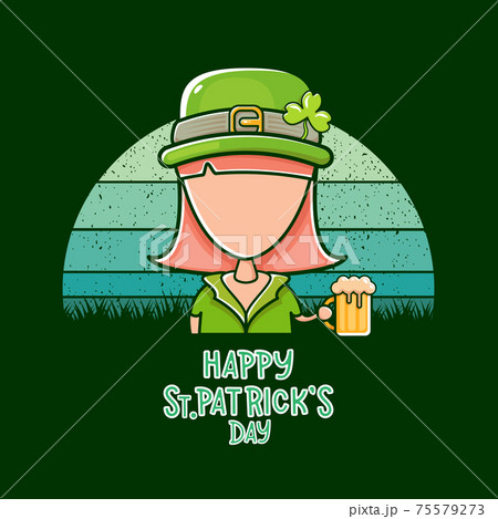 Saint Patrick girl holding beer isolated on vintage background with sun. Happy st Patricks day banner or poster with redhead woman and calligraphic greeting text. Cartoon st Patrick girl line art Saint Patrick girl holding beer isolated on vintage background with sun. Happy st Patricks day banner or poster with redhead woman and calligraphic greeting text. Cartoon st Patrick girl line art 75579273