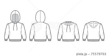 Set of Hoody sweatshirt technical fashion illustration with elbow sleeves, relax body, knit cuff, banded hem, drawstring 75579703