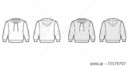Hoody sweatshirt technical fashion illustration with elbow sleeves, relax body, banded hem, drawstring small garment 75579707