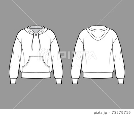Hoody sweatshirt technical fashion illustration with long sleeves, oversized body, kangaroo pouch, banded hem 75579719